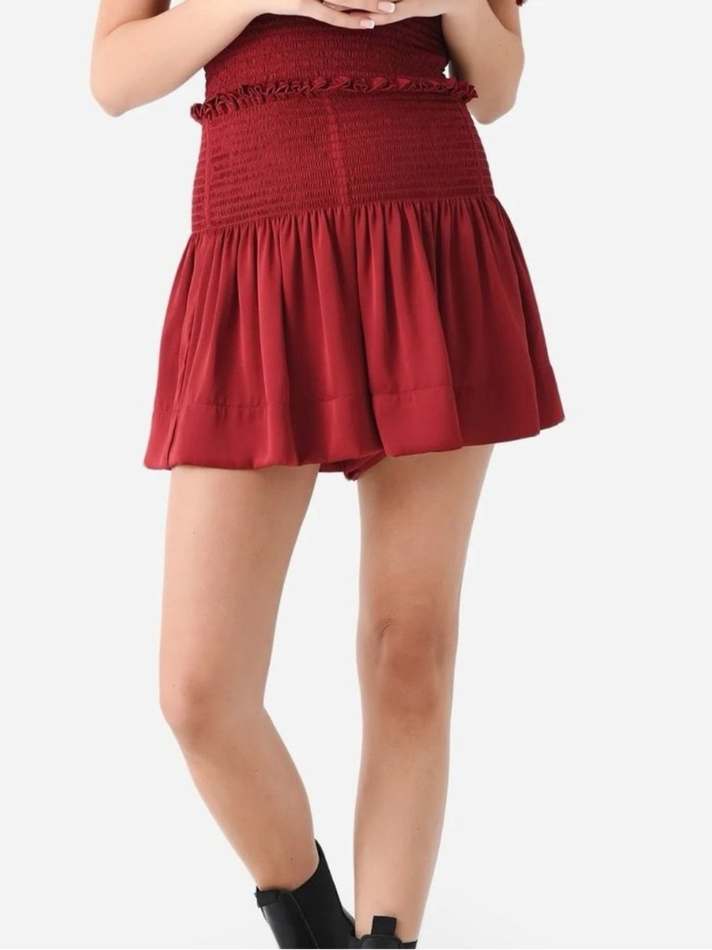 Koch High-Waist Smocked Wine Red Skort with Built-In Shorts